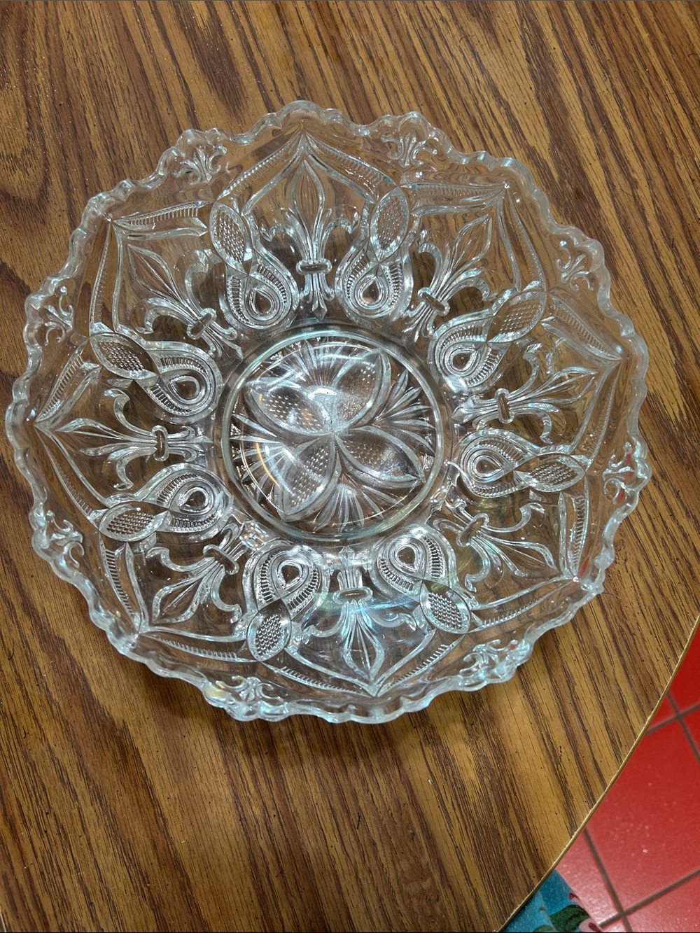 Pressed Glass Serving Bowl - Arch Fleur De Lis clear centerpiece bowl.